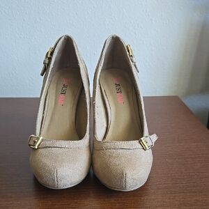 JustFab Women's Beige Heels with Gold Accents